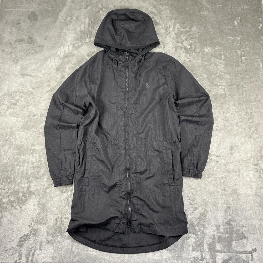 Adidas Dress Jacket Women’s Small Windbreaker Hooded Gray Long Lightweight Coat
